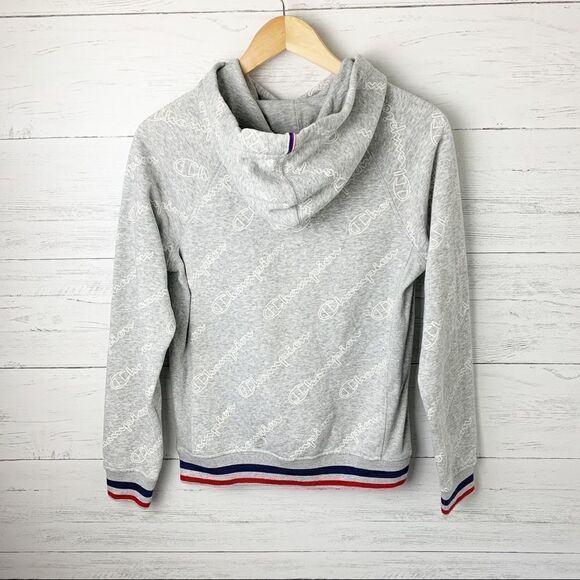Champion logo hoodie light grey red navy stripe cuffs hem pullover ribbed XS - Picture 2 of 10
